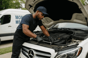 A mobile mechanic in a navy uniform works on the engine of a white Mercedes-Benz sedan in a suburban driveway, with a service van labeled "Mobile Mechanic" parked nearby.